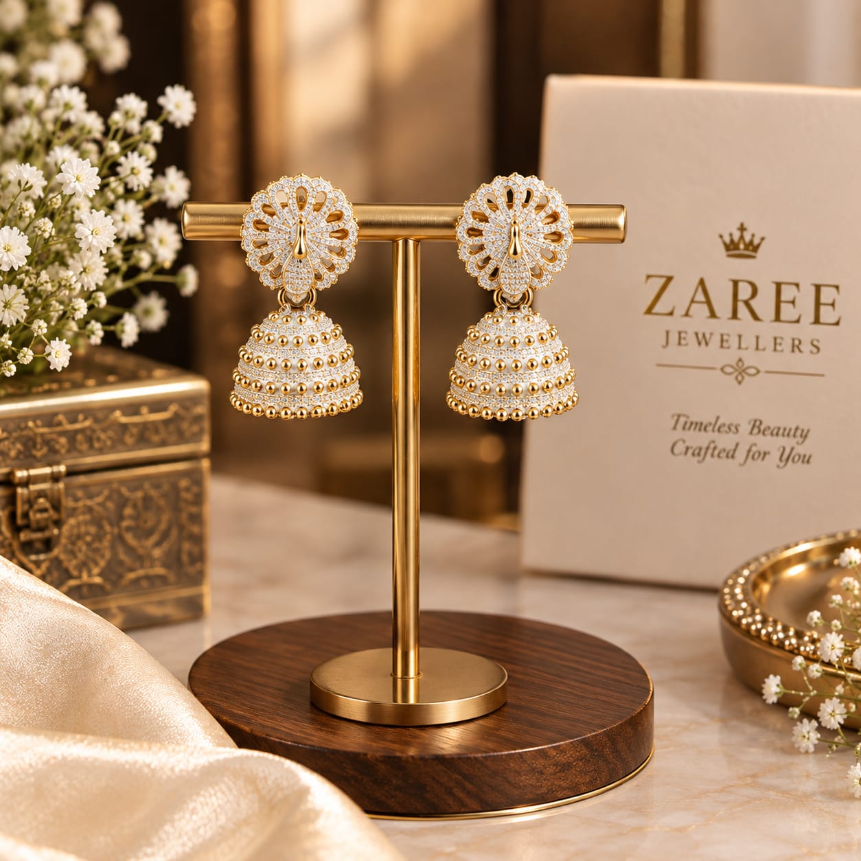 Elegant Gold White Jhumka Earrings