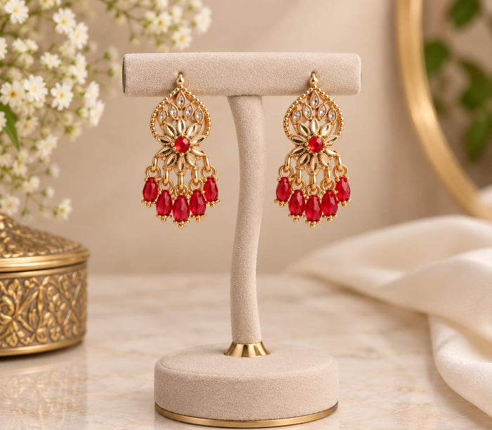 Gold Plated Red Chandbali Earrings ; Traditional Jewellery