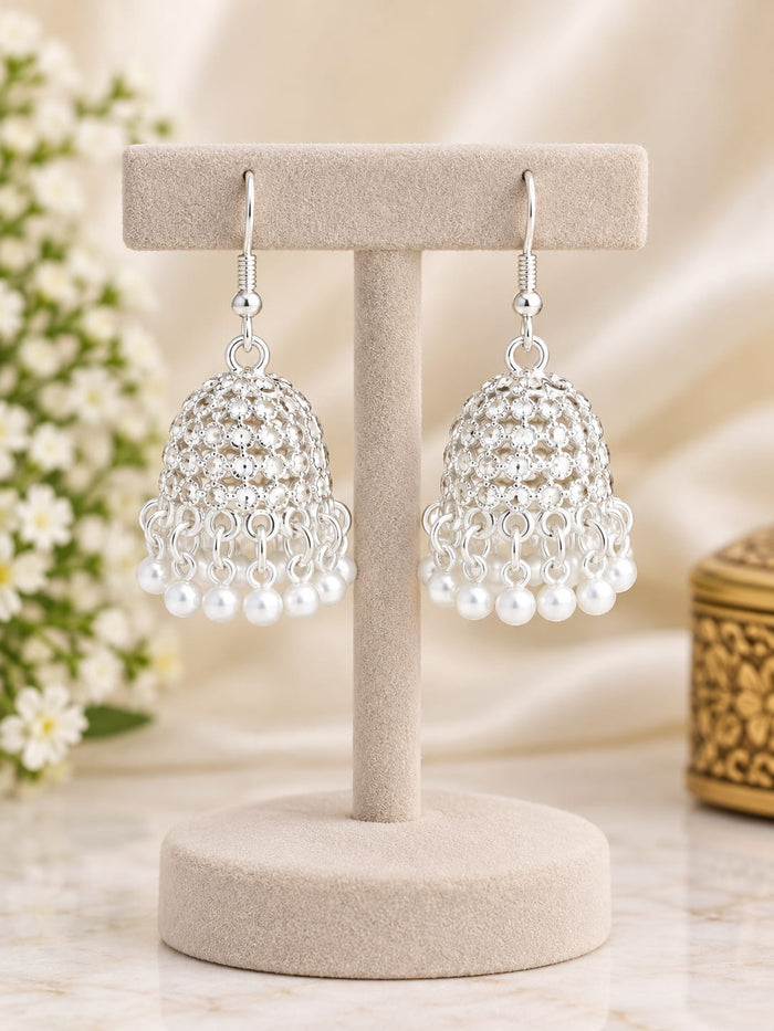 Silver Plated Pearl Jhumka Earrings