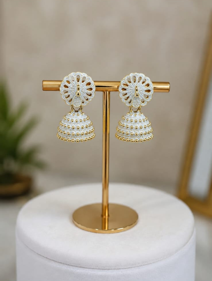 Elegant Gold White Jhumka Earrings