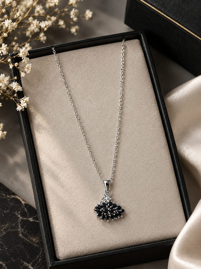 Royal Black STone Cluster Pendant Necklace /Silver Plated